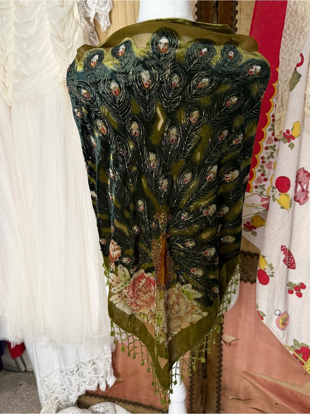 Vintage Olive Green Velvet Peacock Shawl with Bead Fringe - Picture 5 of 5